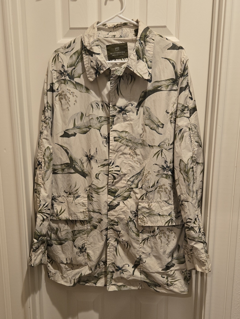 Scotch & Soda Cream Rain Coat Jacket with Green Botanical Print